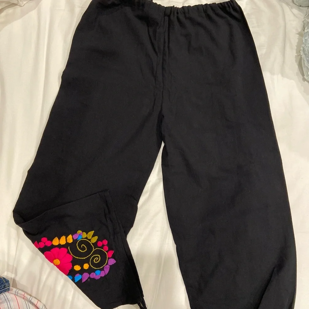 Black embroidered draw string pants. - Picture 3 of 4